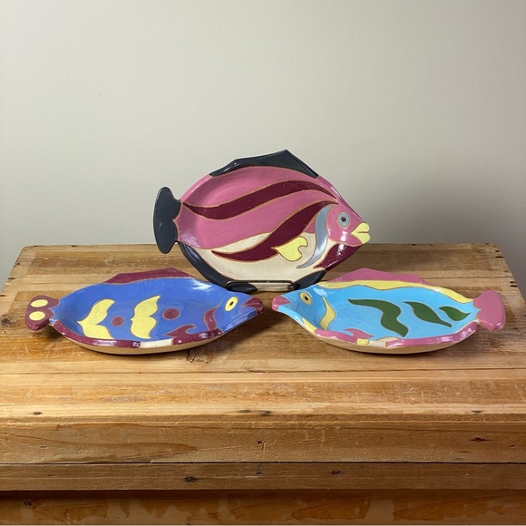 Rising Sun Pottery Studio Set Of 3 Modern Pop Art Fish Plates Platters Handmade
